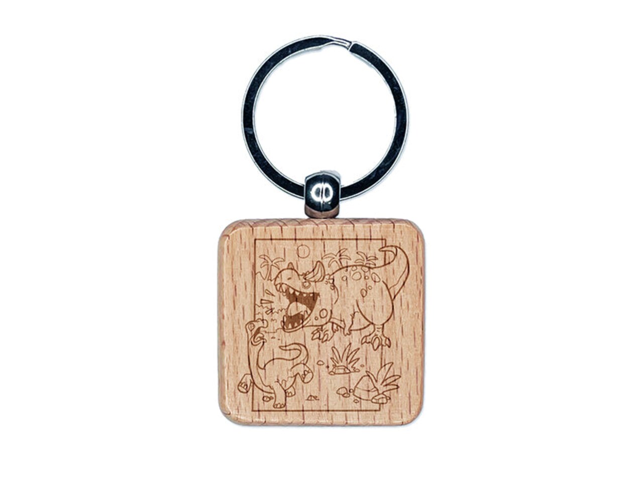 Carnotaurus Horned Dinosaur Roaring Engraved Wood Square Keychain Tag Charm